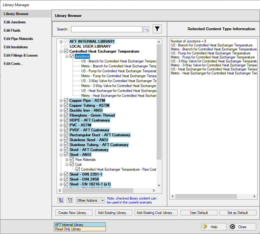 The Library Manager window with the Pipes 1" to 12" STD Steel ANSI cost library highlighted.